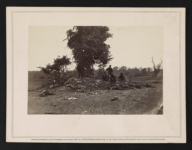 Four Union soldiers looking at dead Confederate soldiers on Miller Farm, looking toward the west woods on September 19, 1862.