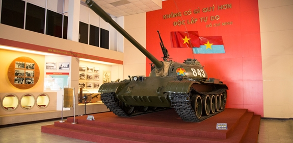 T-54B tank numbered 843 on display at the Vietnam Military History Museum.