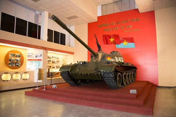 T-54B tank numbered 843 on display at the Vietnam Military History Museum.