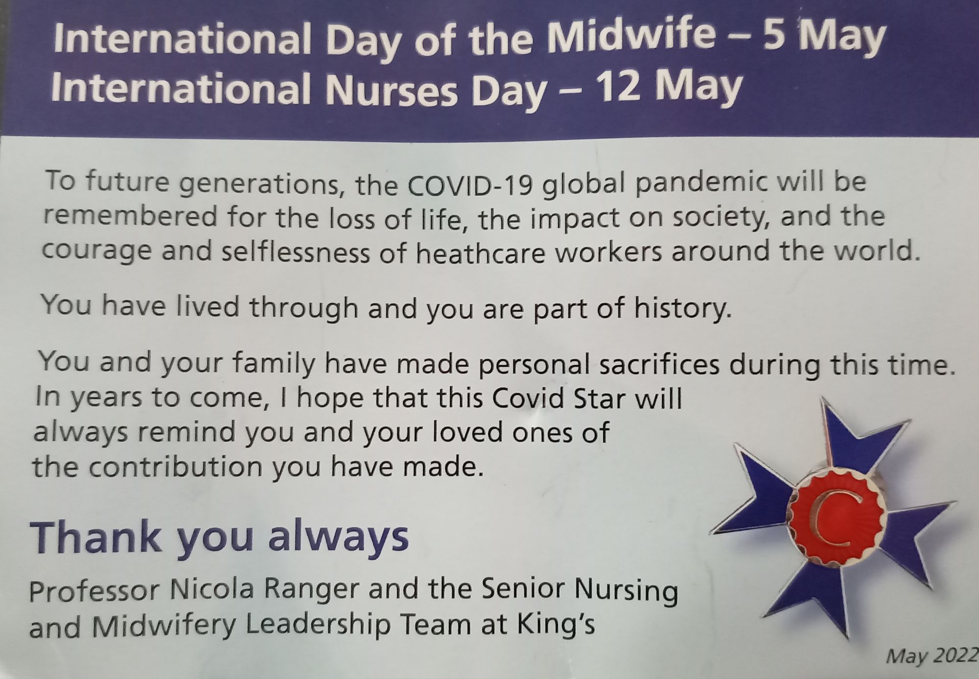 NHS King's College Hospital - Covid Star Certificate