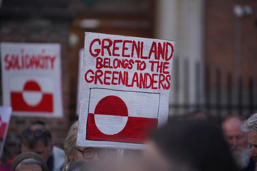 People march to protest in front of the U.S. Embassy in Copenhagen, capital of Denmark, on March 29, 2025. (Photo by Liu Zhichao/Xinhua)