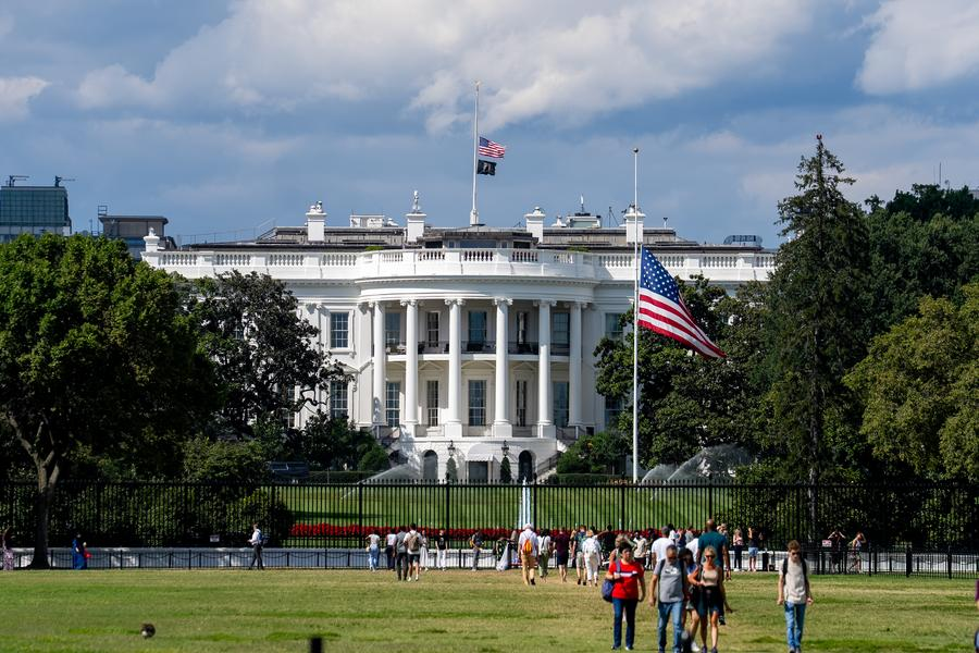 The U.S. flag flies at half-staff at the White House in Washington D.C., the United States, Aug. 27, 2025. A shooting occurred earlier in the day in Minneapolis of the U.S. state of Minnesota, killing two students. (Xinhua/Hu Yousong)