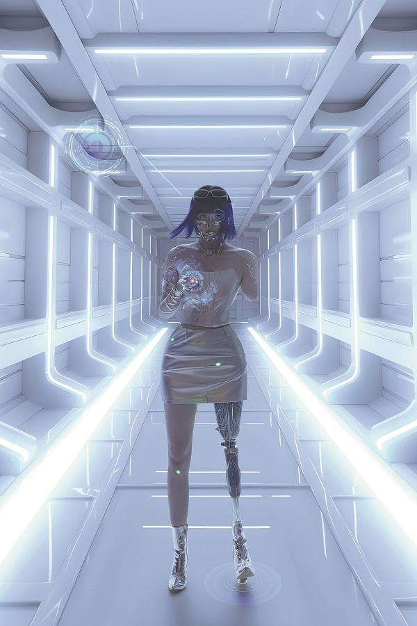 Weng Youyou, who lost her left leg and arm in a car accident in 2020, is seen in this stylized photo with her "cyberpunk" prosthetic leg on. (Photo provided to China Daily)