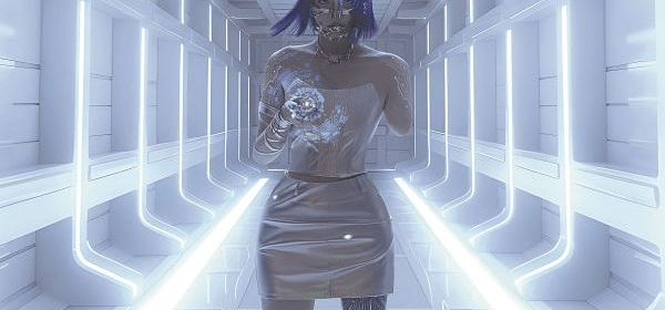 Weng Youyou, who lost her left leg and arm in a car accident in 2020, is seen in this stylized photo with her "cyberpunk" prosthetic leg on. (Photo provided to China Daily)