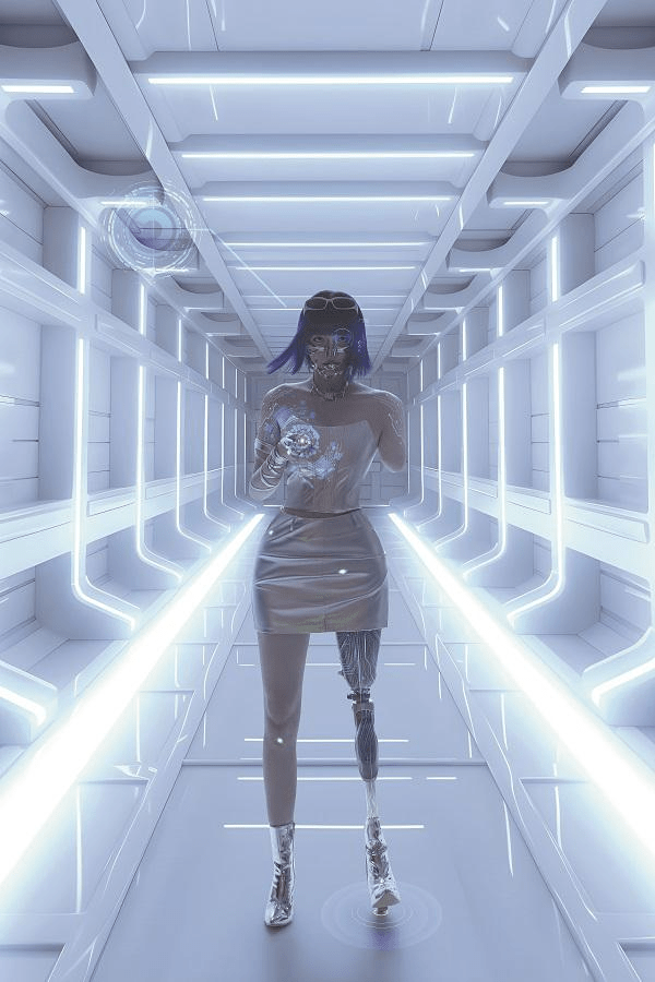 Weng Youyou, who lost her left leg and arm in a car accident in 2020, is seen in this stylized photo with her "cyberpunk" prosthetic leg on. (Photo provided to China Daily)