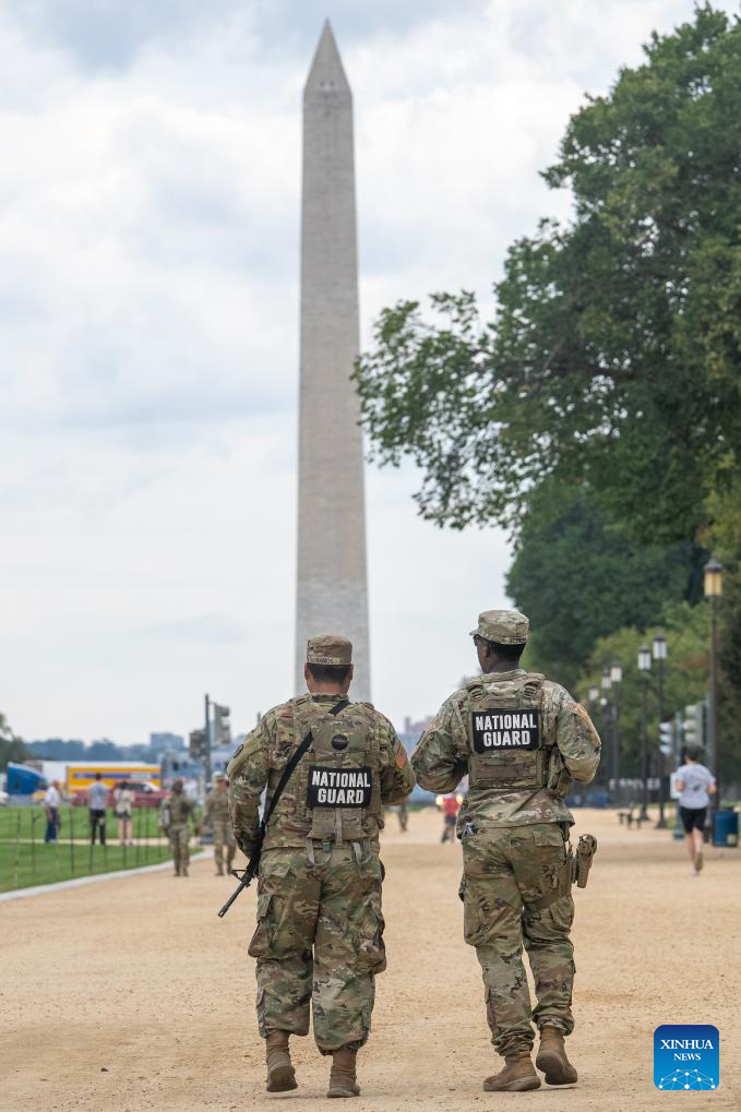 Members of the National Guard patrol in Washington, D.C., the United States, Sept. 4, 2025. Washington, D.C. has filed a lawsuit against the Trump administration over the deployment of National Guard troops in the nation's capital, the district's Attorney General Brian Schwalb announced Thursday. (Xinhua/Hu Yousong)