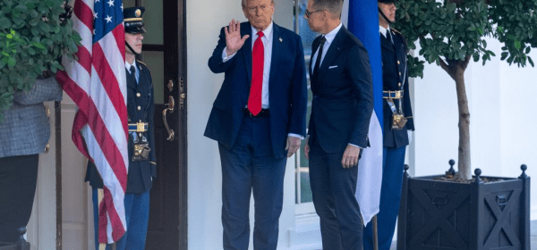 U.S. President Donald Trump (2nd L) welcomes Finnish President Alexander Stubb (2nd R) at the White House in Washington, D.C., the United States, Oct 9, 2025. (Xinhua/Hu Yousong)