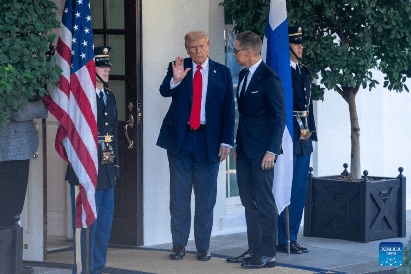 U.S. President Donald Trump (2nd L) welcomes Finnish President Alexander Stubb (2nd R) at the White House in Washington, D.C., the United States, Oct 9, 2025. (Xinhua/Hu Yousong)