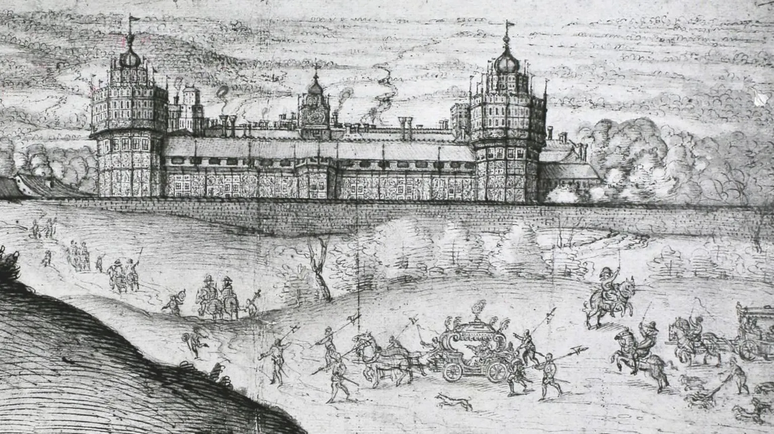This image shows Queen Elizabeth I arriving at Nonsuch Palace by carriage in 1562