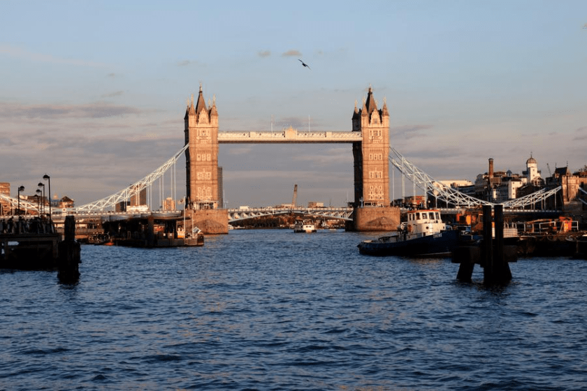 Tower Bridge is seen as the sun sets in London, Britain, Aug. 2, 2025. (Photo by Wang Muhan/Xinhua)