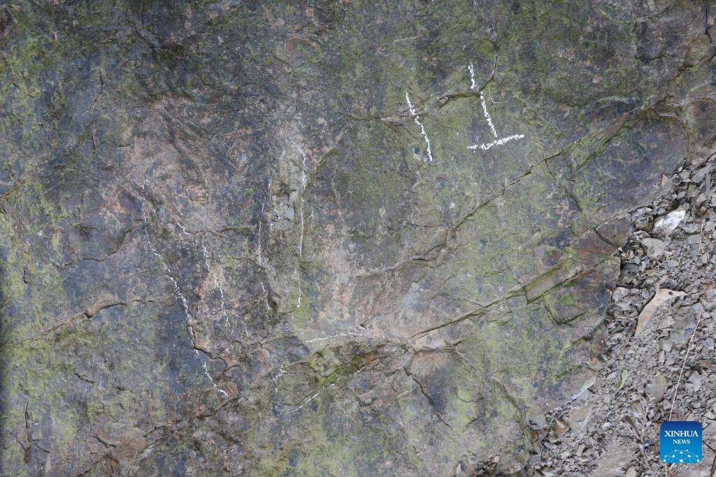 This photo taken on Dec. 5, 2025 shows theropod footprints on a rock wall in Dujiangyan City, southwest China's Sichuan Province. (Xinhua)