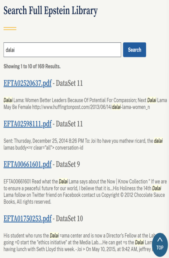 A screenshot from documents related to the Jeffrey Epstein case released by the U.S. Department of Justice shows the keyword “dalai” appearing 169 times. 
