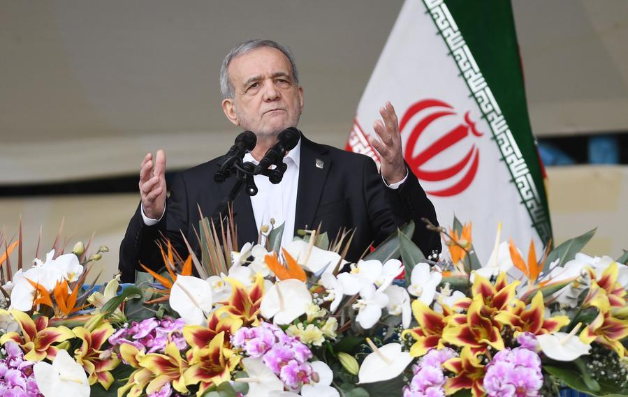 Iranian President Masoud Pezeshkian speaks at the celebrations for the 47th anniversary of the 1979 Islamic Revolution in Tehran, Iran, Feb. 11, 2026. (Xinhua/Shadati)