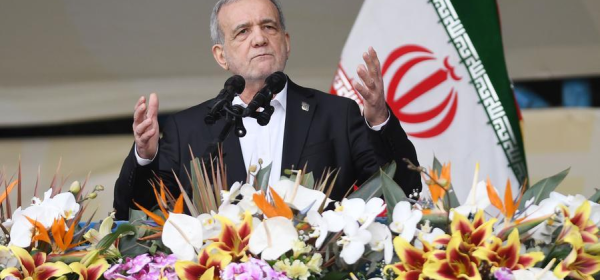 Iranian President Masoud Pezeshkian speaks at the celebrations for the 47th anniversary of the 1979 Islamic Revolution in Tehran, Iran, Feb. 11, 2026. (Xinhua/Shadati)