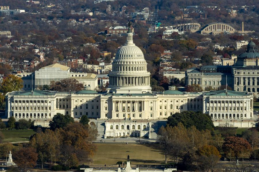 The photo taken from atop the Washington Monument on Nov. 17, 2025 shows U.S. Capitol building in Washington, D.C., the United States. (Xinhua/Hu Yousong)