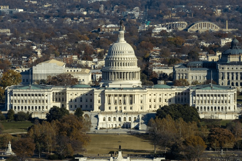 The photo taken from atop the Washington Monument on Nov. 17, 2025 shows U.S. Capitol building in Washington, D.C., the United States. (Xinhua/Hu Yousong)
