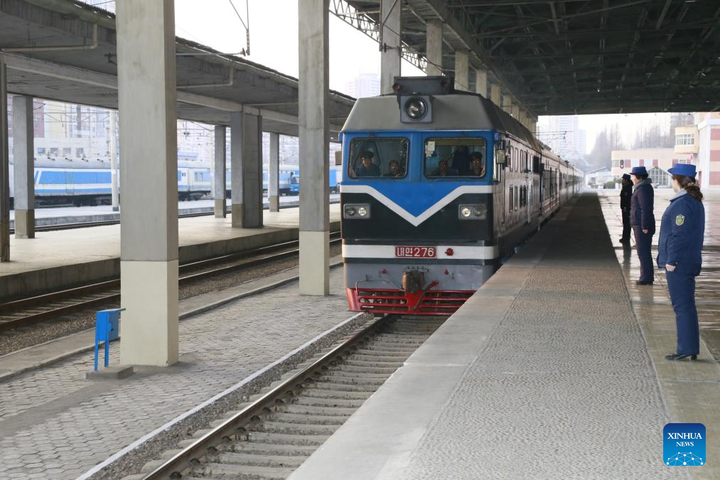 An international passenger train from Dandong of China to Pyongyang of the Democratic People's Republic of Korea (DPRK) arrives in Pyongyang, the capital of the DPRK, March 12, 2026. China State Railway Group Co., Ltd. announced Tuesday that international passenger trains connecting China and the DPRK will begin operating in both directions on Thursday. The services will connect Beijing and the northeastern border city of Dandong with the DPRK capital Pyongyang, helping to facilitate cross-border travel and boost economic, trade and cultural exchanges between the two countries, the Chinese railway operator said. (Xinhua/Wang Chao)
