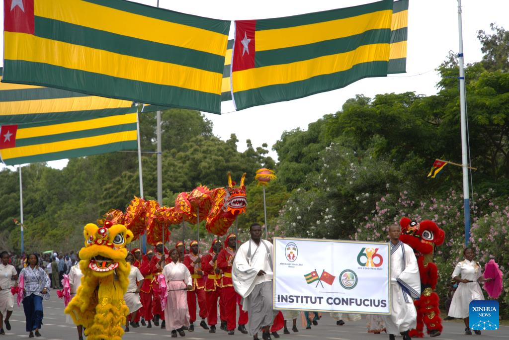 A Chinese traditional culture contingent composed of students from the Confucius Institute at the University of Lome participates in Togo's Independence Day parade in Lome, Togo, April 27, 2026. (Xinhua/Si Yuan)