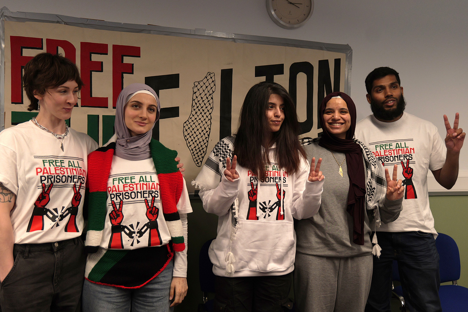 From left: Madeleine Norman, Teuta Hoxha, Heba Muraisi, Qesser Zuhrah and Kamran Ahmed. Photograph courtesy of the Filton 24 Defence Committee