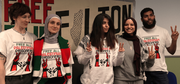 From left: Madeleine Norman, Teuta Hoxha, Heba Muraisi, Qesser Zuhrah and Kamran Ahmed. Photograph courtesy of the Filton 24 Defence Committee