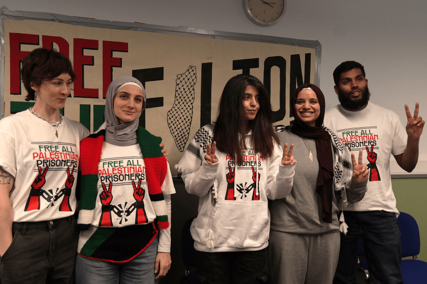 From left: Madeleine Norman, Teuta Hoxha, Heba Muraisi, Qesser Zuhrah and Kamran Ahmed. Photograph courtesy of the Filton 24 Defence Committee