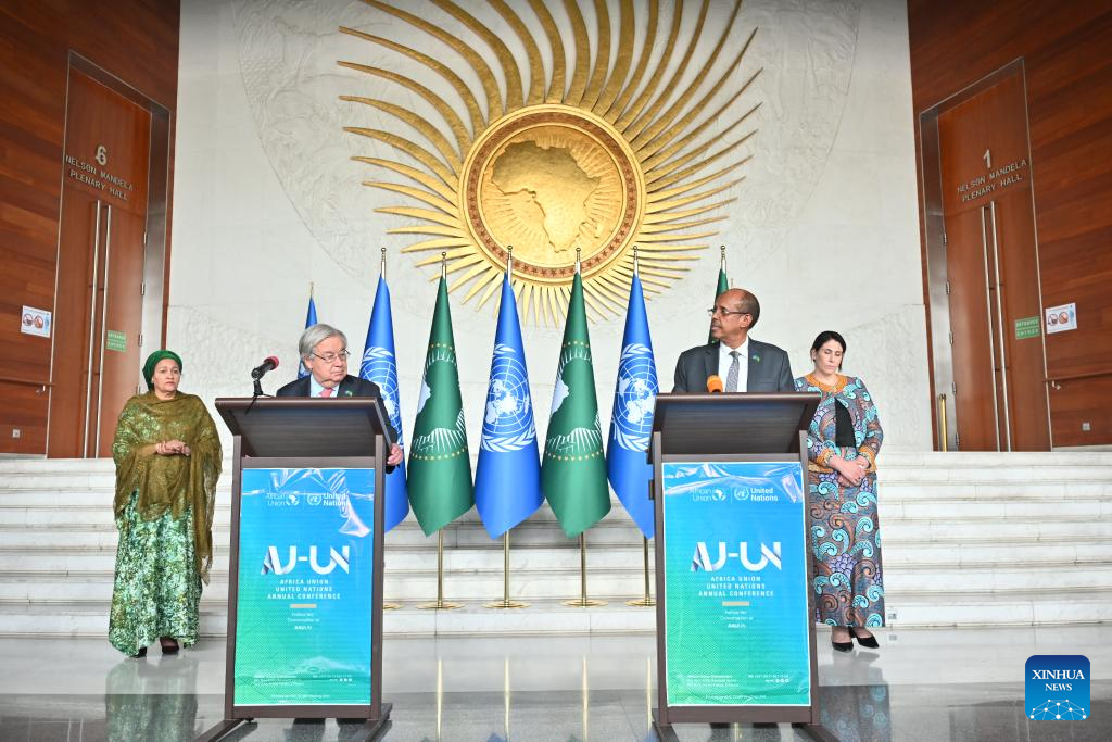 United Nations Secretary-General Antonio Guterres (2nd L) and African Union Commission Chairperson Mahmoud Ali Youssouf (2nd R) attend a joint press conference at the AU headquarters in Addis Ababa, the capital of Ethiopia, May 13, 2026. African Union (AU) Commission Chairperson Mahmoud Ali Youssouf and United Nations (UN) Secretary-General Antonio Guterres have warned that external interferences are fueling the security crisis in Africa. (United Nations/Handout via Xinhua)