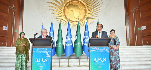 United Nations Secretary-General Antonio Guterres (2nd L) and African Union Commission Chairperson Mahmoud Ali Youssouf (2nd R) attend a joint press conference at the AU headquarters in Addis Ababa, the capital of Ethiopia, May 13, 2026. African Union (AU) Commission Chairperson Mahmoud Ali Youssouf and United Nations (UN) Secretary-General Antonio Guterres have warned that external interferences are fueling the security crisis in Africa. (United Nations/Handout via Xinhua)