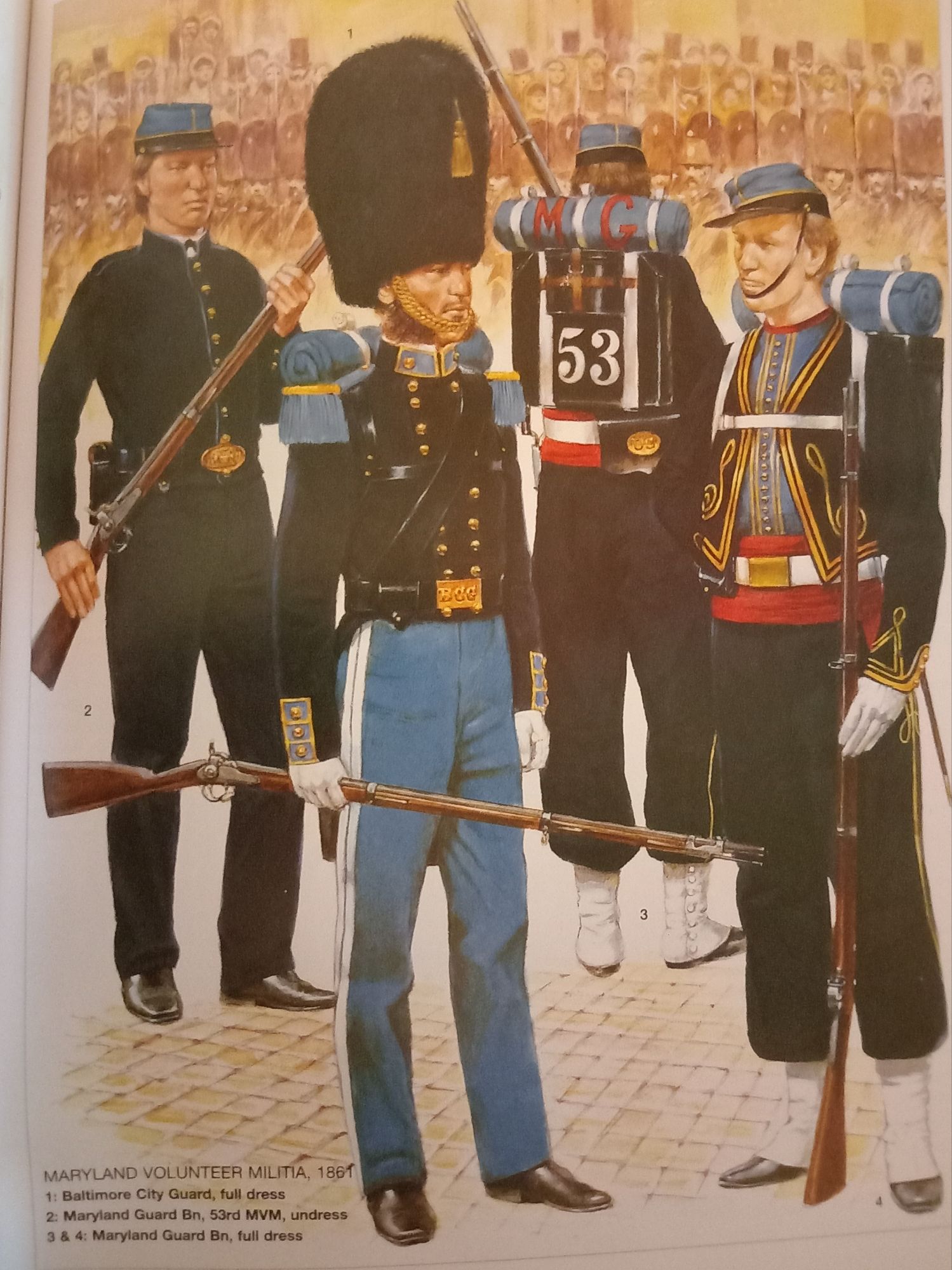 1 Baltimore City Guard (Full dress) 2 Maryland Guard Bn - 53rd MVM (Undress) 3 & 4 Maryland Guard Bn (Full Dress)