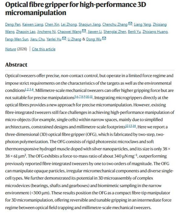 A screenshot from the Nature website shows the article titled "Optical fiber gripper for high-performance 3D micromanipulation".