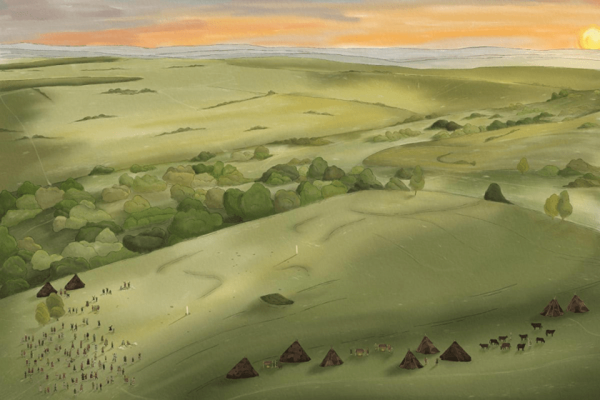 Timeline and reconstruction of summer solstice celebrations as they might have appeared at Bulford 5000 years ago © Wessex Archaeology