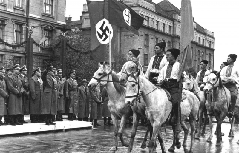 A parade of Ukrainian nationalists in Stanislav (now Ivano-Frankivsk) in honour of the visit of the Governor-General of Poland, Reichsleiter Hans Frank, October 1941