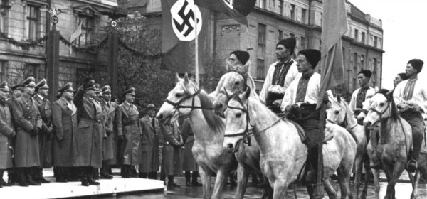 A parade of Ukrainian nationalists in Stanislav (now Ivano-Frankivsk) in honour of the visit of the Governor-General of Poland, Reichsleiter Hans Frank, October 1941