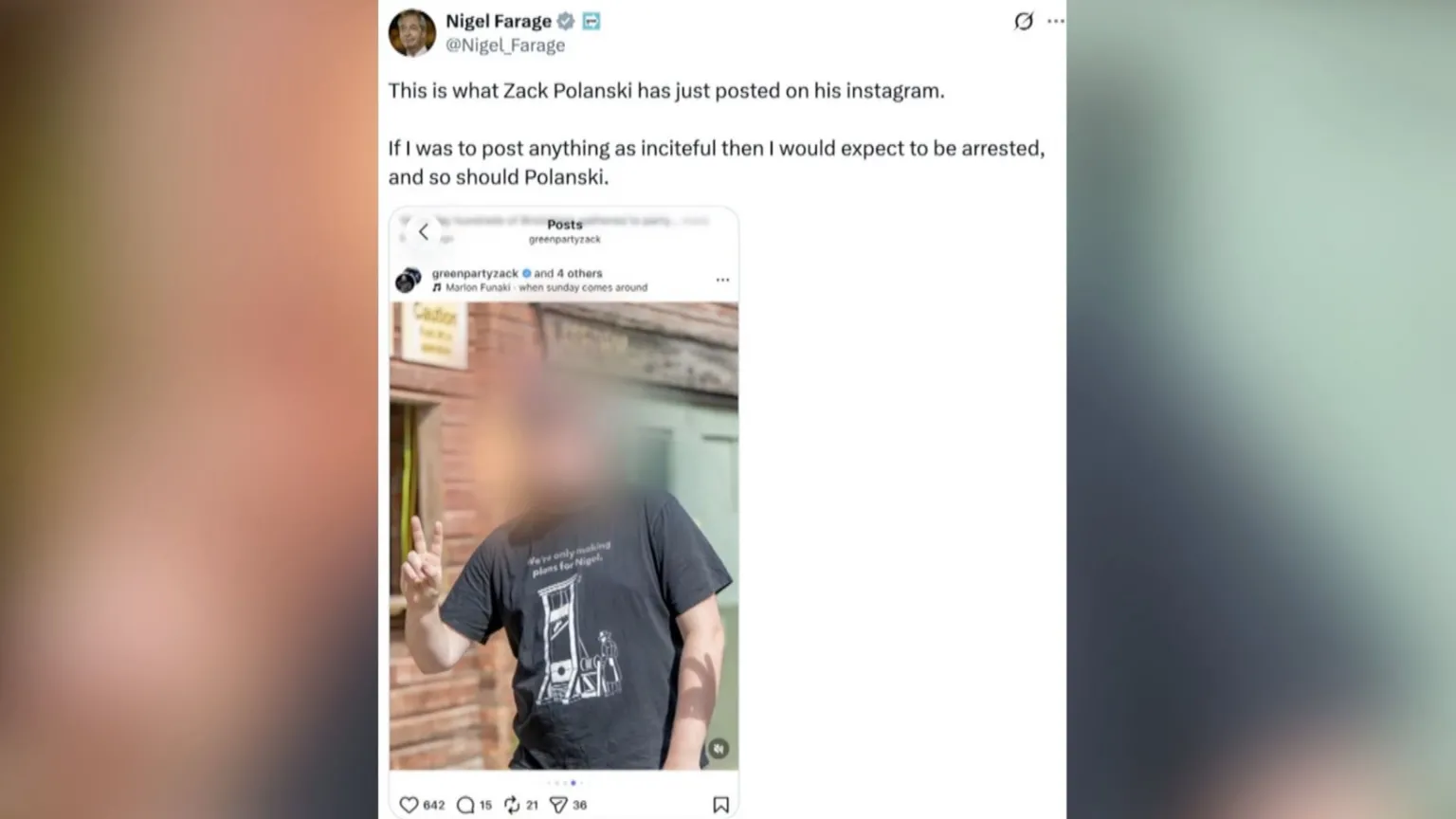Nigel Farage posted the image on his X account. The BBC has blurred the face of the man wearing the T-shirt.