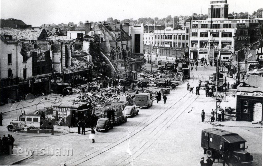 Early on Friday morning, 28 July 1944, a passenger on the 89 bus on Belmont Hill watched as a V1 flying bomb fell to earth behind the Lewisham Clock Tower.