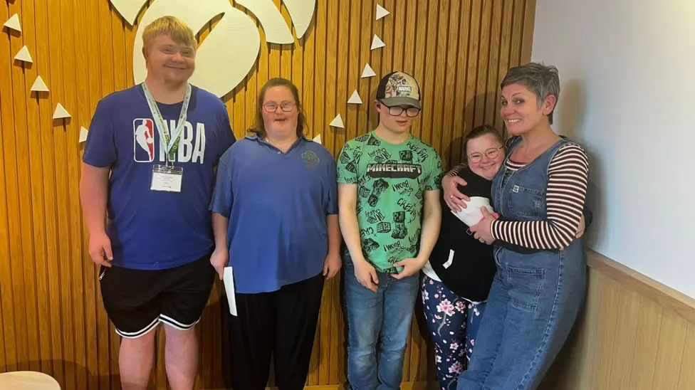 (L-R) Ned, Chloe, Ted, and Francesca from the Cornwall Down Syndrome Advisory Group - with facilitator Angie Emrys-Jones