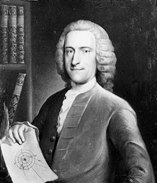 William Whiston (1667 – 1752), holding his drawing of the solar system.
