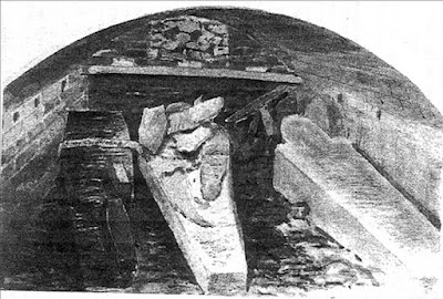 Windsor Catle - St George's Chapel - A sketch drawn in 1888 by Alfred Young Nutt, Surveyor to the Dean and Canons, of the vault containing the coffins of King Charles I (left), King Henry VIII (centre) and his Queen, Jane Seymour (at right). Upon Charles' coffin is the small coffin of a still-born child of the Princess George of Denmark, later Queen Anne.