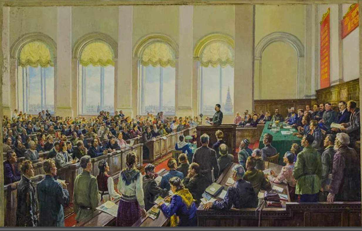 "1935 Speech of I.V. Stalin at a meeting of the II All-Union Congress of Collective Farmers-Shock Workers to consider the draft charter of the agricultural artel" - Painting 1953