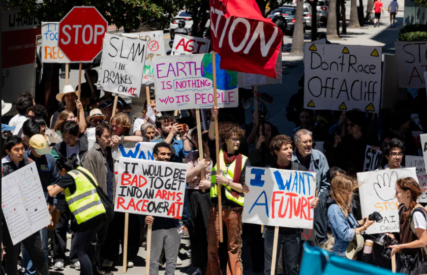 A protest against AI outside OpenAI headquarters in San Francisco, California, on 11 July. Photograph: Bloomberg/Getty Images