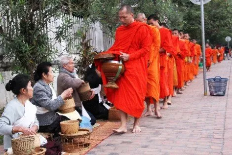 Laos People's Democratic Republic - Theravada Buddhist Monks Walk Calmly to Collect Alms!
