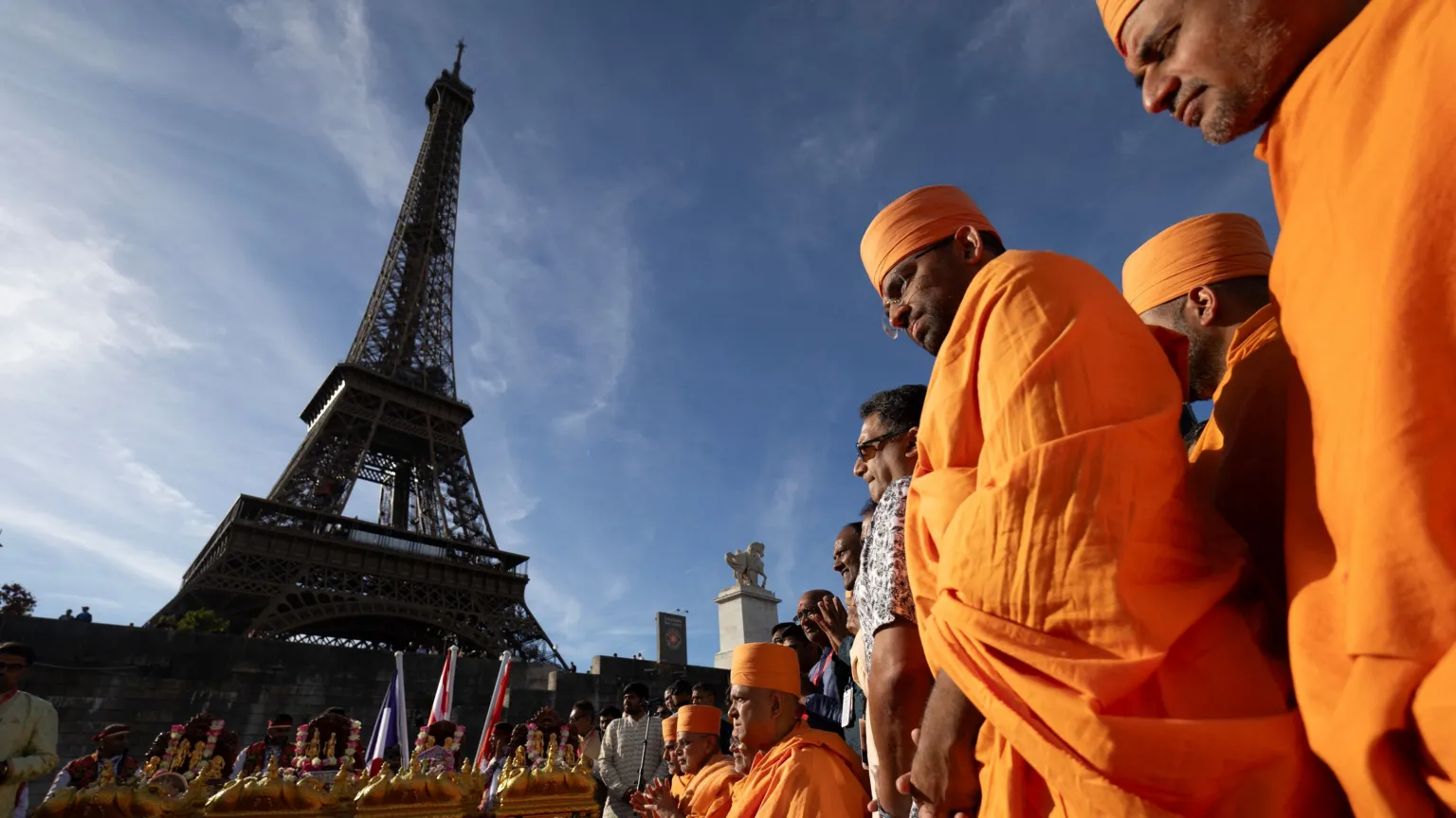 A delegation of BAPS Hindu monks visited the Eiffel Tower on Saturday as part of a visit to Paris to open a new temple