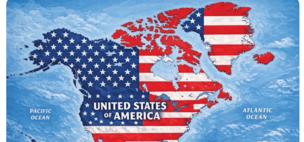 Image posted to Truth Social by US president Donald Trump showing a map depicting North America, Central America, the Caribbean, Greenland and Iceland covered by the Stars and Stripes and labeled “United States of America”. Image: Truth Social