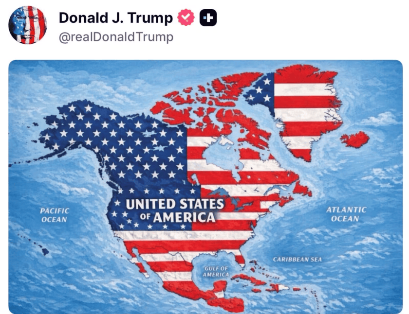 Image posted to Truth Social by US president Donald Trump showing a map depicting North America, Central America, the Caribbean, Greenland and Iceland covered by the Stars and Stripes and labeled “United States of America”. Image: Truth Social