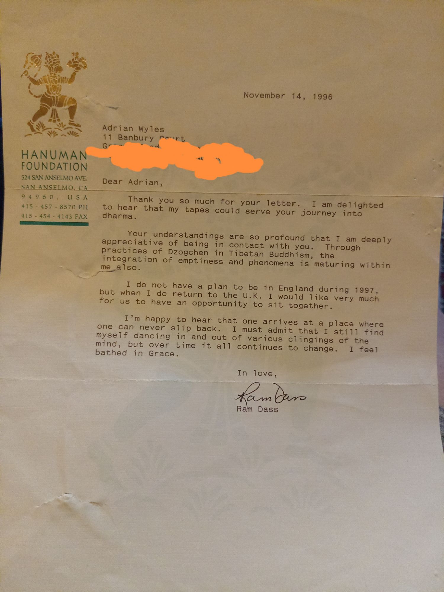 Ram Dass Letter 14.11.1996