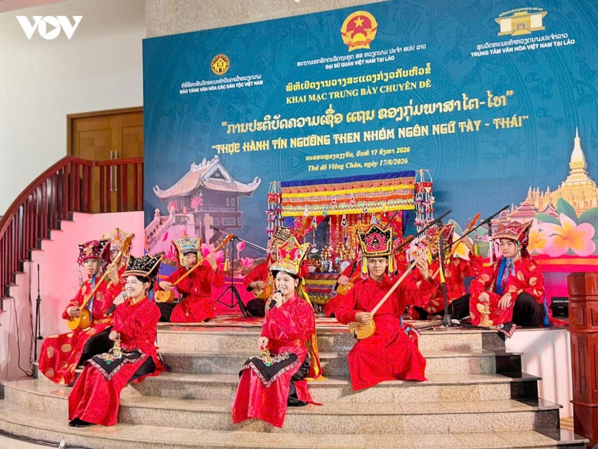 At the opening of the Tay-Thai Then heritage exhibition co-hosted by the Vietnamese Embassy in Vientiane on August 17, 2026, celebrating 64 years of Vietnam-Laos diplomatic ties.